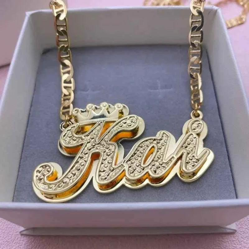 3D Crown Name Necklace – Double Layer Flat Chain