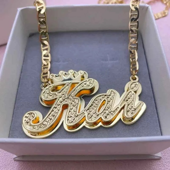 3D Crown Name Necklace – Double Layer Flat Chain