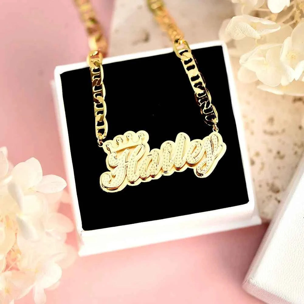 3D Crown Name Necklace – Double Layer Flat Chain