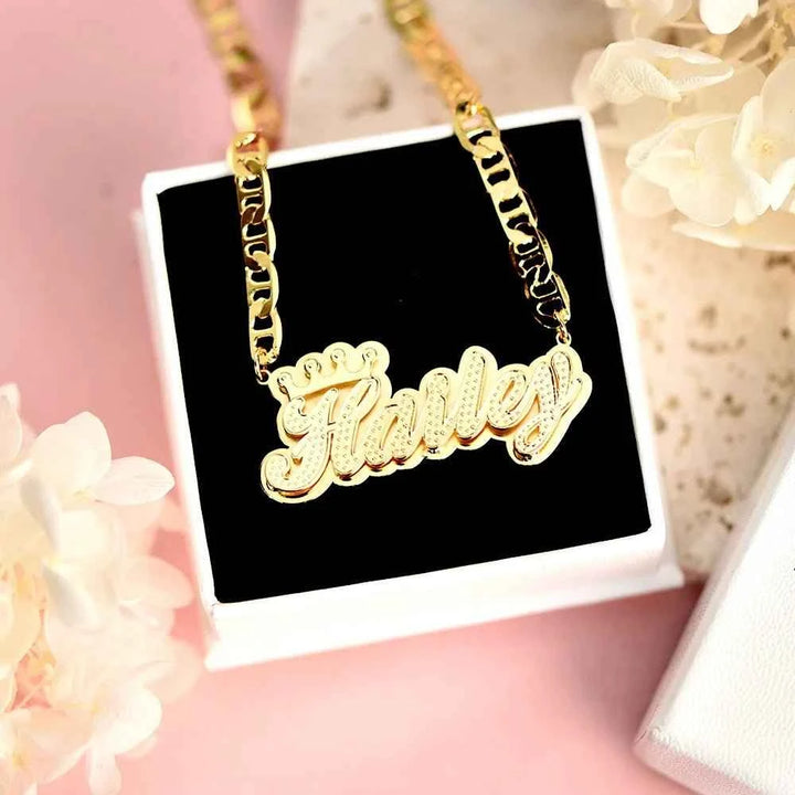 3D Crown Name Necklace – Double Layer Flat Chain