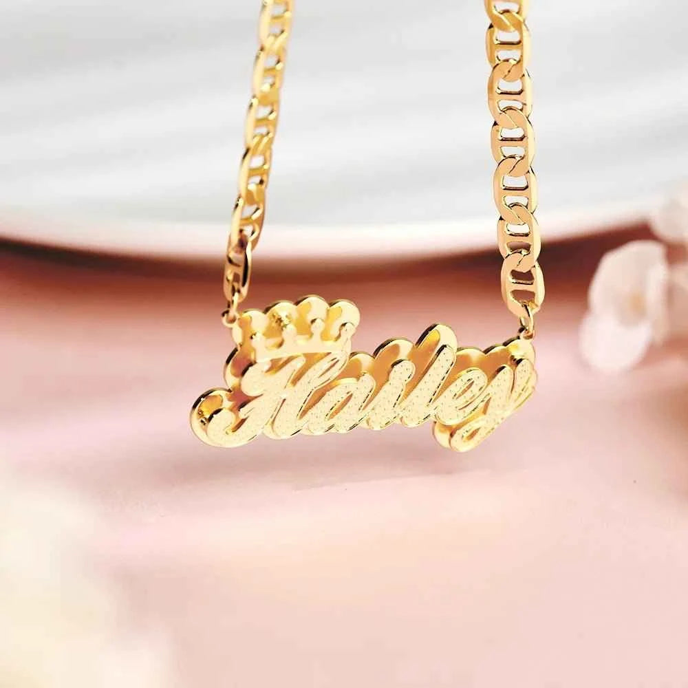 3D Crown Name Necklace – Double Layer Flat Chain
