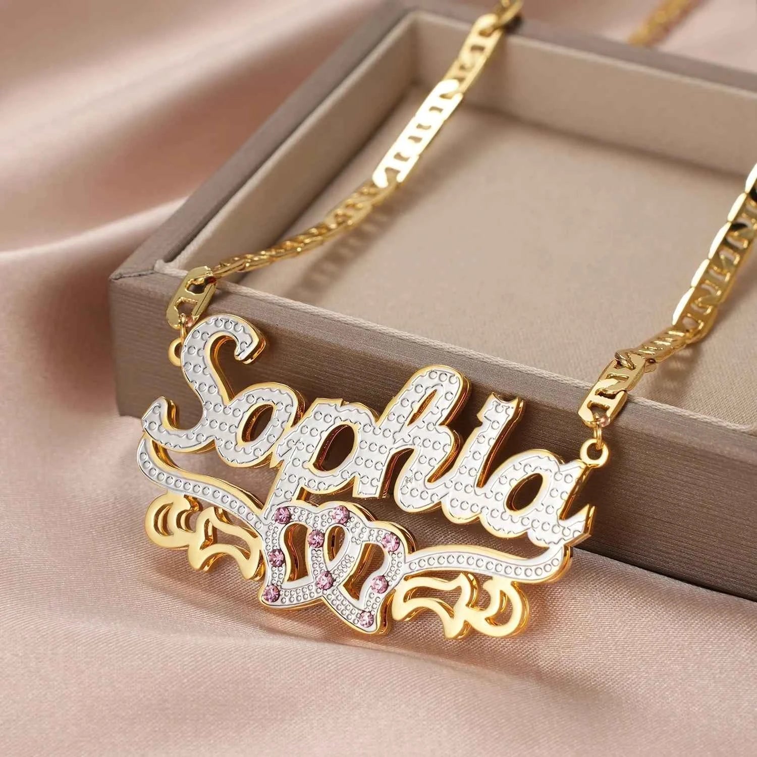 Double Plated Heart Duo Name Necklace – Clip Chain - MeekslxCollection