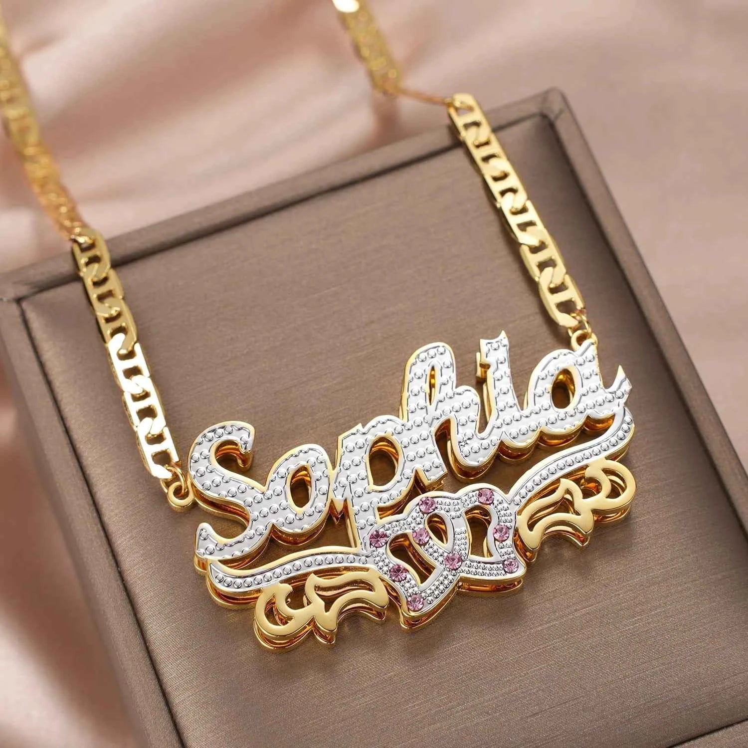 Double Plated Heart Duo Name Necklace – Clip Chain - MeekslxCollection
